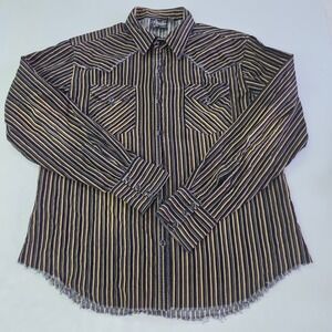 Fender Western Shirt Mens Large Black Tan Striped Pearl Snap Distressed Corduroy